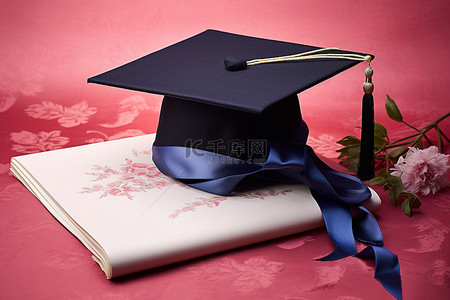 毕业生帽背景图片_粉色背景上的毕业生文凭和毕业帽