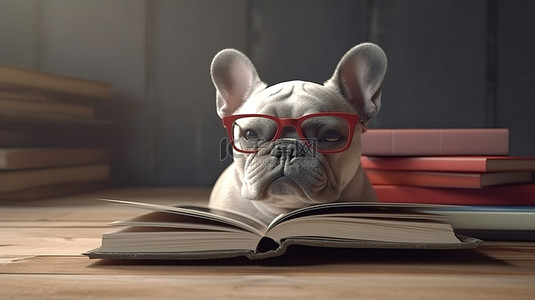 戴着眼镜被书包围的 3D 狗的渲染