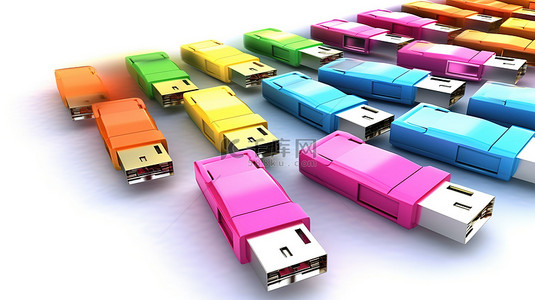 白色背景中的创新技术明亮彩色文件夹和 USB 驱动器
