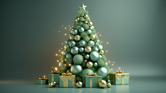 圣诞节和新年装饰着球和弓的树的节日 3D 渲染