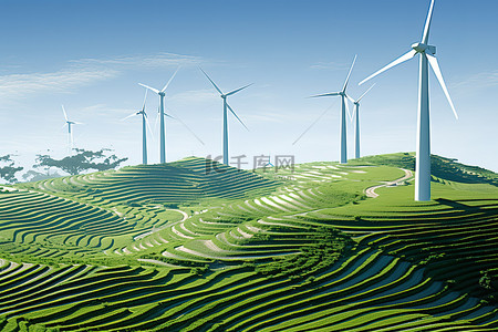 绿色山丘上的风车