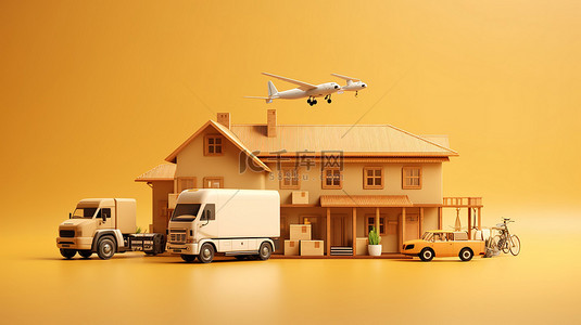 lp运作背景图片_高效的交付系统，配备无人机卡车摩托车和房屋，物流运作的 3D 插图