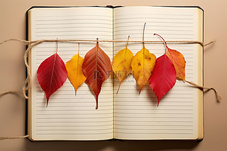 五颜六色的树叶绑在一本旧书上