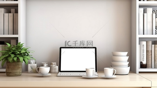 家庭工作区模型的工作区前视图，带有空电脑屏幕书和咖啡杯 3D 插图