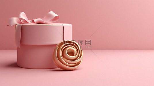 粉红音乐会背景图片_别致而简单的礼物盒和螺旋金丝带在柔和的粉红色背景下的 3D 呈现