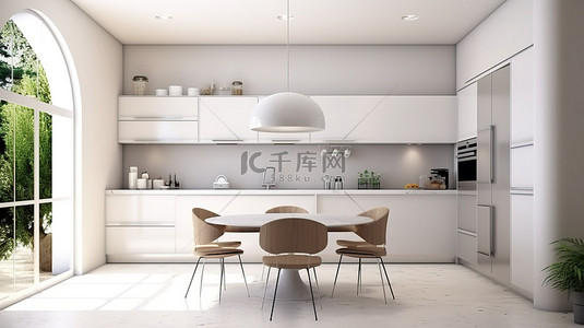 台厨房面背景图片_现代厨房设计，配有 3D 渲染的别致家具
