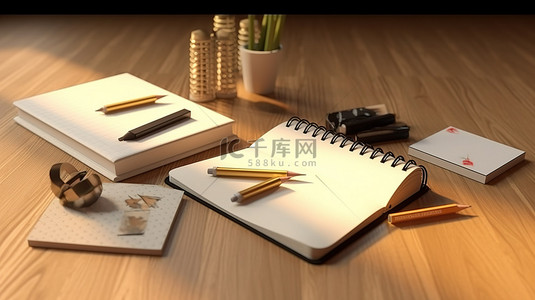 网信普法教育背景图片_桌上打开的笔记本和文具的 3D 渲染 3D 插图