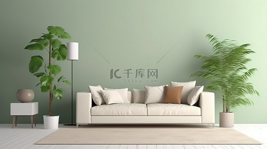 白色的墙背景图片_舒适的绿色客厅的 3D 渲染，配有白色沙发和装饰品，打造完美的家居模型