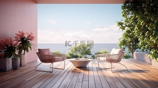 花园户外背景图片_带家具和风景的现代户外露台的 3D 渲染插图