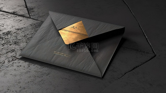 混凝土地板上开放式黑色信封的 3D 渲染，带有金色邀请函模型