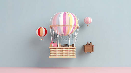 粉色气球礼盒背景图片_3D 渲染简单的飞艇和礼品盒，放在篮子里，靠在柔和的墙壁上