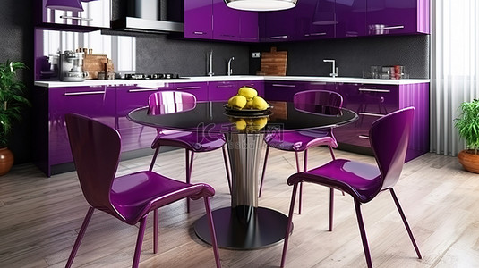 啄木鸟设计工作室背景图片_现代厨房设计，以 3D 渲染的紫色餐椅为特色