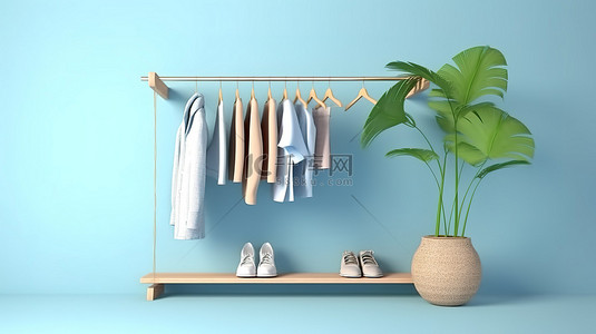 储物架卡通背景图片_柔和的蓝色服装储物架 3D 渲染悬挂衣服供夏季展示