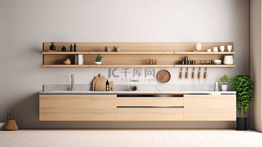 现代厨房内部 3d 渲染中的时尚家具