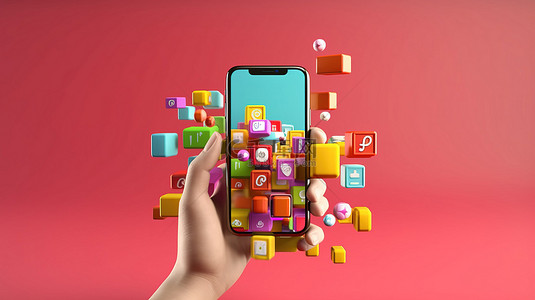 手机电话按钮背景图片_可爱的手抓住令人惊叹的 3D 渲染中的手机 Instagram 图标