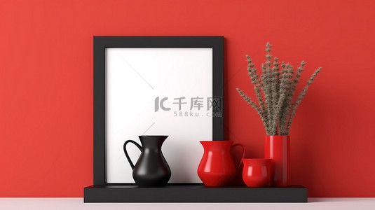 红色方形背景图片_红色架子支撑倾斜的黑色相框 3D 插图与方形样机模板