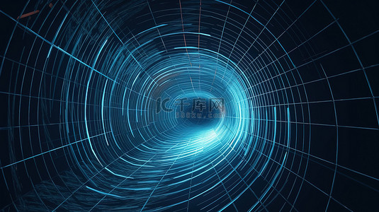 蓝色背景的 3D 渲染，带有抽象动态线框隧道，穿过波状虫洞