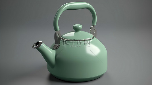 具有剪切路径顶视图的绿色金属水壶茶壶的独立 3D 渲染