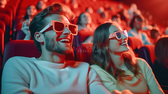 微笑的年轻夫妇戴着 3D 眼镜享受在剧院看电影的约会