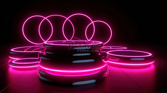 游戏底座背景图片_辐射粉色霓虹灯设计在深色底座上闪闪发光的 LED 圆线，带有黑色球体 3D 渲染
