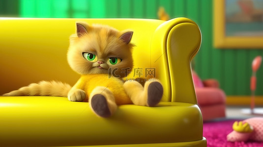 毫无吸引力的 3D 模型躺在黄色沙发上，全神贯注于手机和抚摸可爱的猫科动物