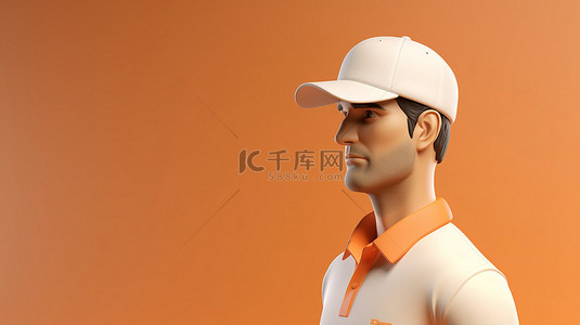 polo衫款式背景图片_奶油色帽子和橙色 Polo 衫中的男性角色轮廓迷人的 3D 渲染