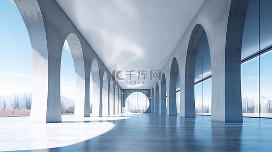 从透视图看蓝天背景的现代建筑中宽敞的混凝土大厅的 3D 渲染