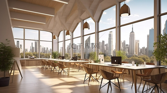 具有城市景观开放式天花板和时尚家具 3D 渲染的现代办公空间