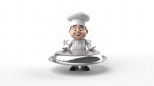 卡通风格的厨师在银托盘上展示一道菜 3D 插图