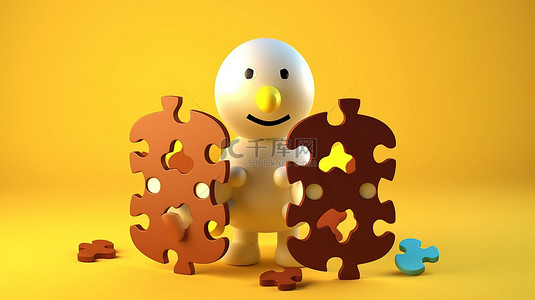 色彩缤纷的拼图碎片围绕着一个迷人的棕色鸡蛋角色，在阳光明媚的黄色背景上以 3D 呈现