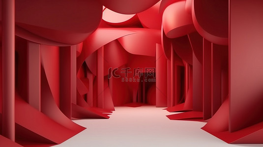 红色形状背景背景图片_充满活力的图层 展览室中重叠的红色抽象背景的令人惊叹的 3D 渲染