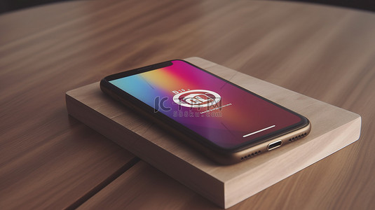 instagram 应用程序徽标通过 3d 渲染的智能手机显示屏呈现在木制桌面上