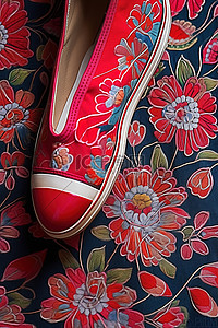 用品背景图片_带有精美图案的红布鞋