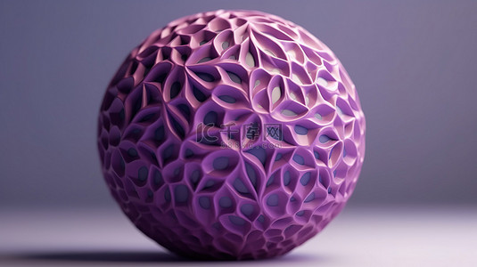 以 3d 呈现的装饰性石膏覆盖的紫色体积球体的特写，展示了白色背景上的几何图形