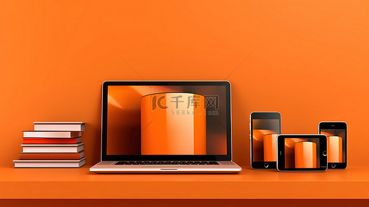橙色墙架上数字设备笔记本电脑手机和平板电脑的 3D 插图