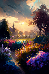 美丽花园背景图片_花树阳光绚丽的花朵阳光下的美丽花园