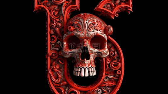 3d 渲染红色头骨字体类型，形状如字母 j