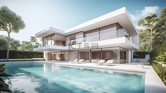3d 渲染中带花园和游泳池的高端现代别墅