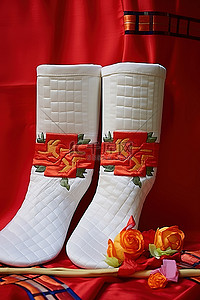 两只白色和象牙色的袜子，上面有红丝带