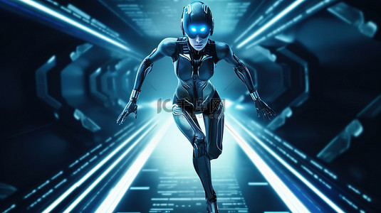视频回顾背景图片_在科幻视频游戏或电影中驾驶宇宙飞船的未来女性机器人的 3D 渲染