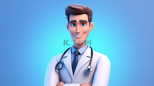 专业医生卡通背景图片_一位潇洒的医疗专业人员的 3d 插图