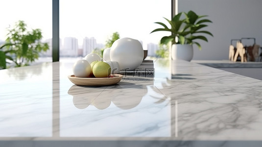 大理石台面背景图片_光滑的大理石厨房岛和台面，具有充足的复制空间 3D 渲染