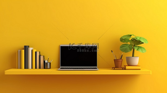 黄色结带背景图片_带有笔记本电脑 3D 插图的垂直黄色架子