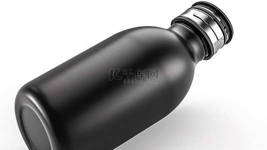 白色背景黑色哑光热水瓶的 3D 渲染，不锈钢内部清空