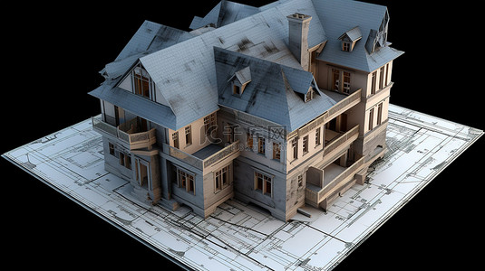 正在建设中的房子的 3D 渲染使蓝图栩栩如生