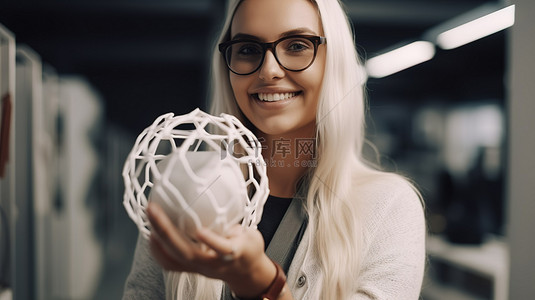 豁然开朗背景图片_开朗的女设计师手里拿着 3D 打印的物体向你微笑