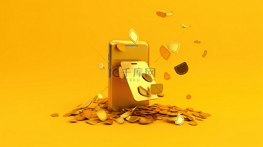 3d 渲染黄色背景与电话信用卡和金币