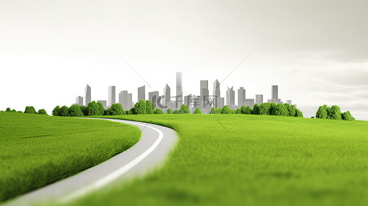 生动的 3D 插图风景秀丽的高速公路与茂密的草广告城市天际线道路和孤立的高速公路广告