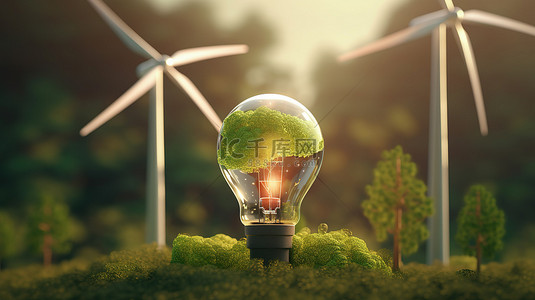 风车发电背景图片_3D 渲染中的生态友好型发电风力涡轮机太阳能电池板和灯泡