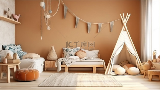 婴儿风格背景背景图片_3D 渲染的斯堪的纳维亚风格儿童房配有天然木制家具的插图
